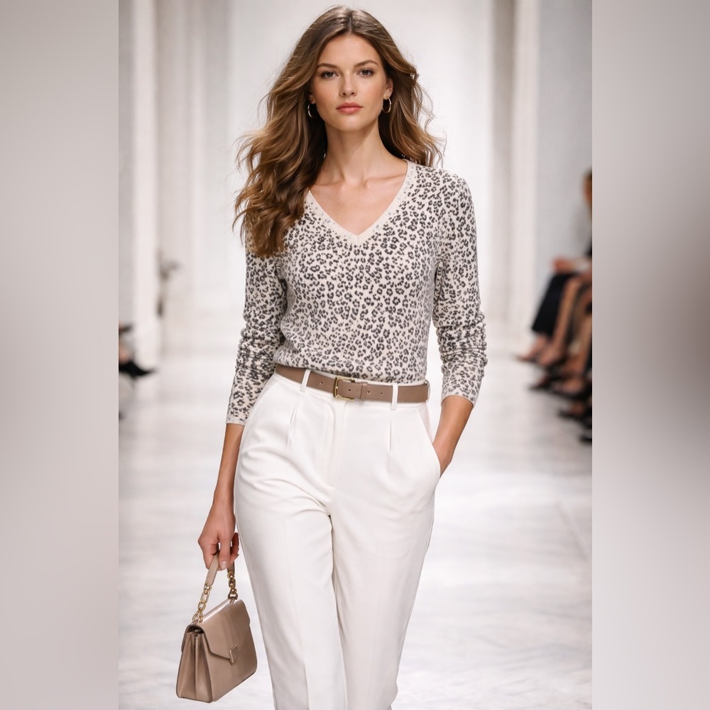 Sweater - Josephine Chaus Cream Leopard V-Neck Sweater